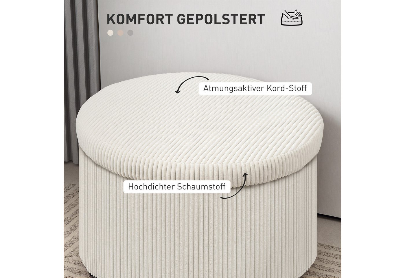 HOMCOM Sitzhocker Sitzhocker mit Stauraum Hocker mit Deckel (Fußhocker mit Cord-Optik, 1 St., Runder Polsterhocker), für Wohnzimmer, Schlafzimmer Beige – Bild 5 von 5