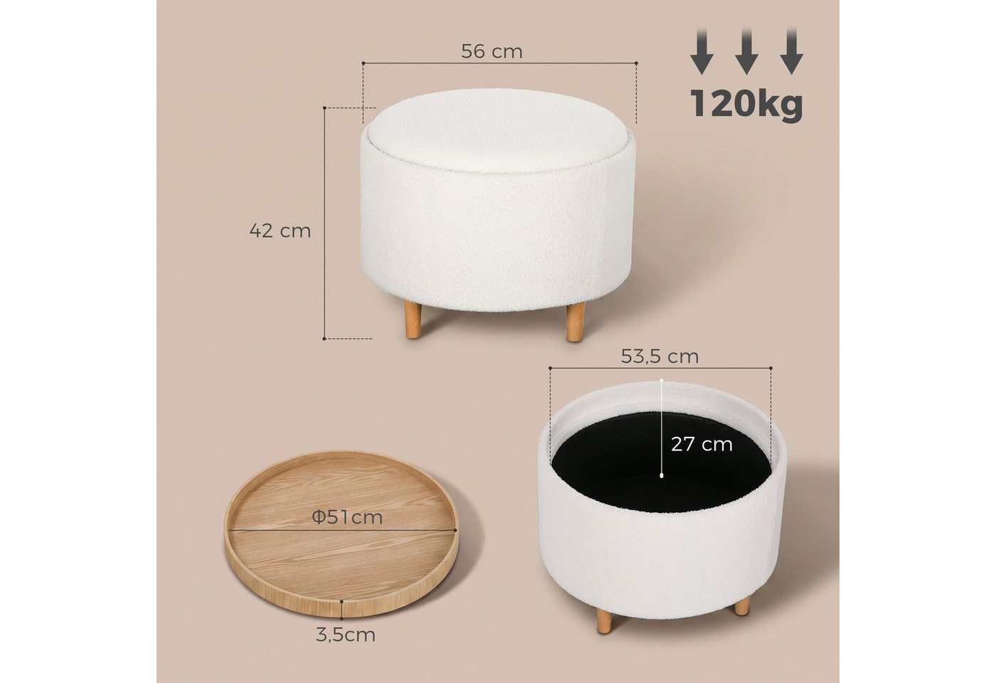 HOMCOM Sitzhocker Ottomane mit Stauraum, rund, modern, Klappdeckel und Holzbeinen (Hocker, 1 St., Polsterhocker), für Wohnzimmer, Schlafzimmer, Weiß, Ø56 x 42 c – Bild 3 von 5
