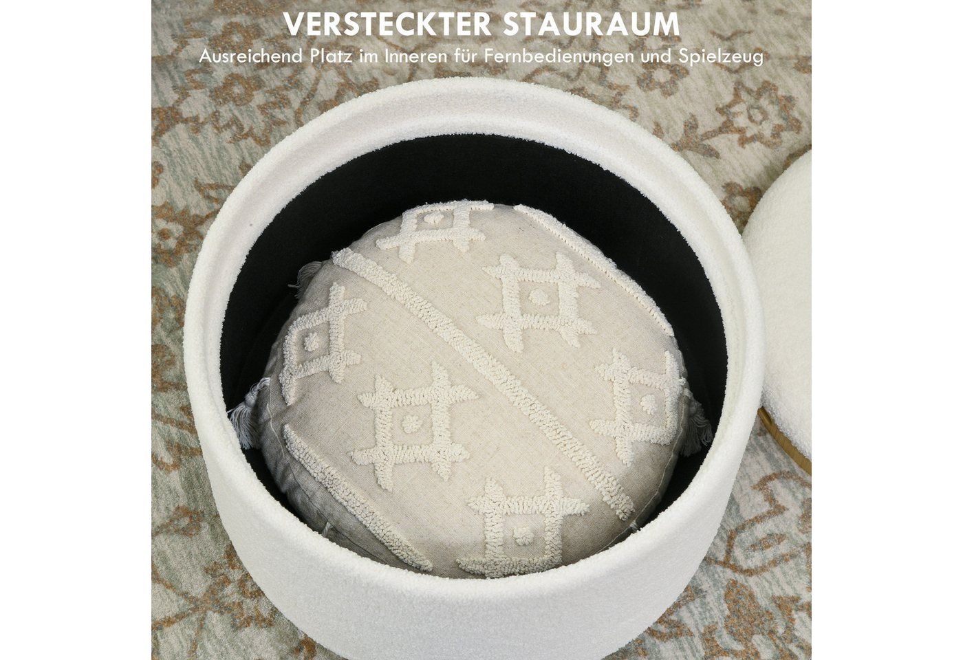 HOMCOM Sitzhocker Ottomane mit Stauraum, rund, modern, Klappdeckel und Holzbeinen (Hocker, 1 St., Polsterhocker), für Wohnzimmer, Schlafzimmer, Weiß, Ø56 x 42 c – Bild 5 von 5