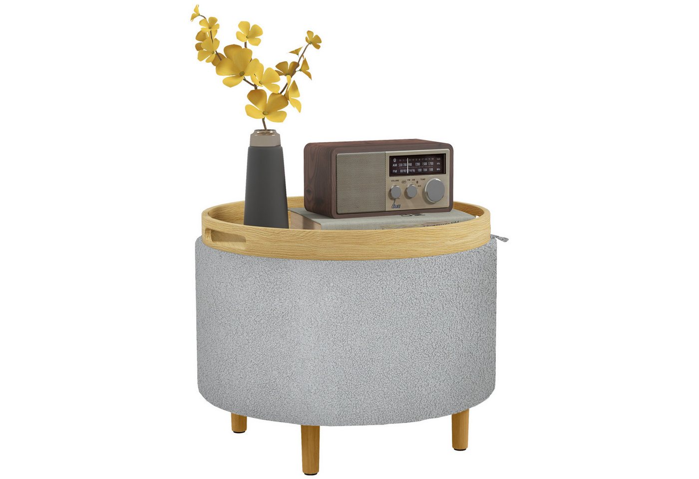 HOMCOM Sitzhocker Ottomane mit Stauraum, rund, modern, Klappdeckel und Holzbeinen (Hocker, 1 St., Polsterhocker), für Wohnzimmer, Schlafzimmer, Grau, Ø56 x 42 c – Bild 2 von 5