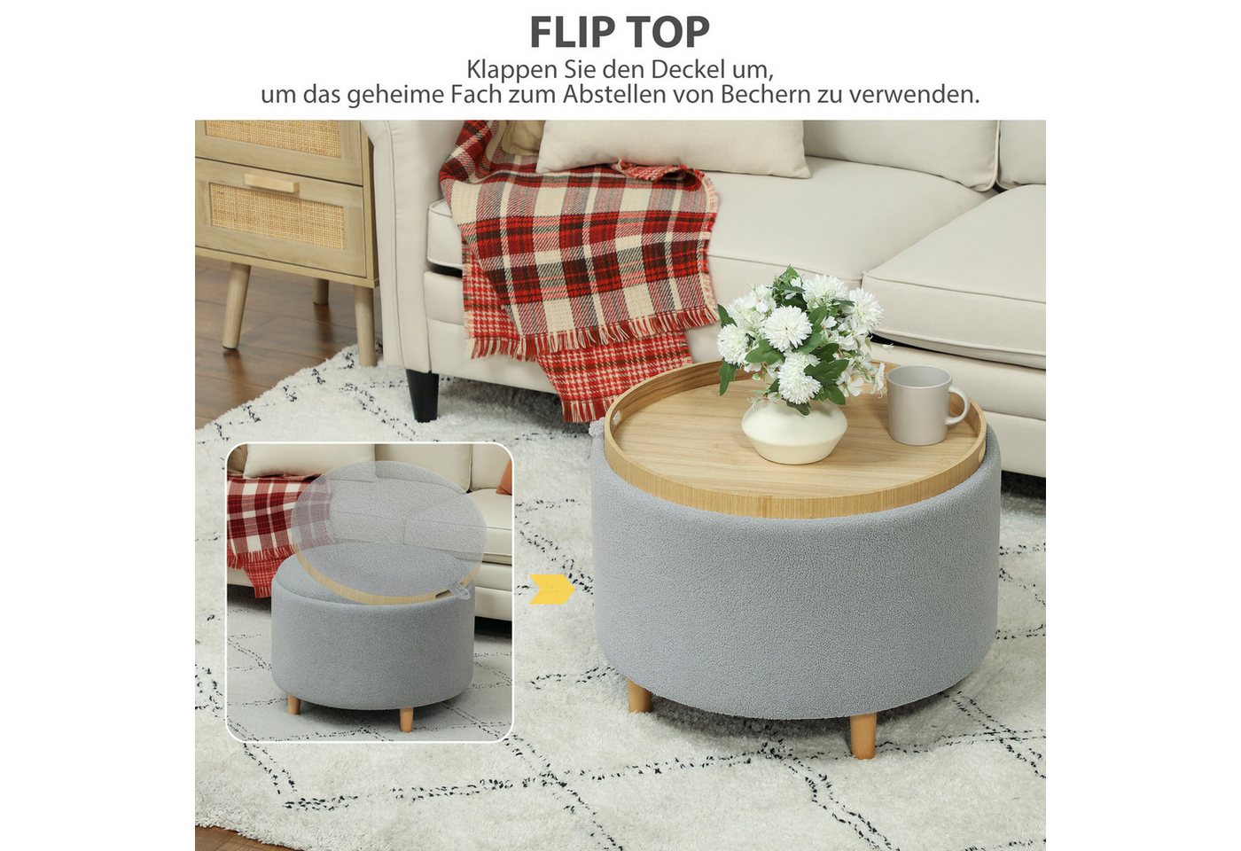 HOMCOM Sitzhocker Ottomane mit Stauraum, rund, modern, Klappdeckel und Holzbeinen (Hocker, 1 St., Polsterhocker), für Wohnzimmer, Schlafzimmer, Grau, Ø56 x 42 c – Bild 4 von 5