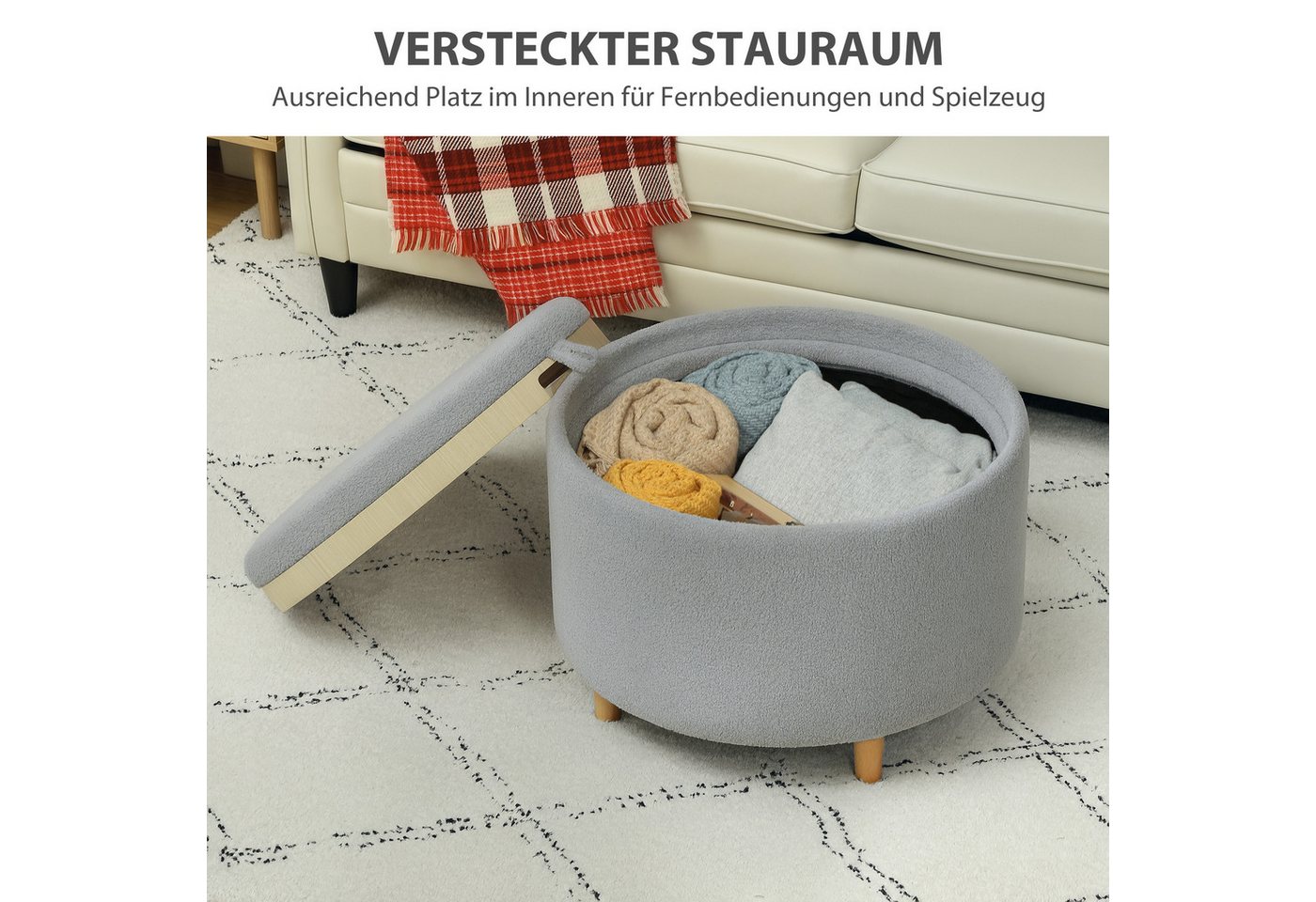 HOMCOM Sitzhocker Ottomane mit Stauraum, rund, modern, Klappdeckel und Holzbeinen (Hocker, 1 St., Polsterhocker), für Wohnzimmer, Schlafzimmer, Grau, Ø56 x 42 c – Bild 5 von 5