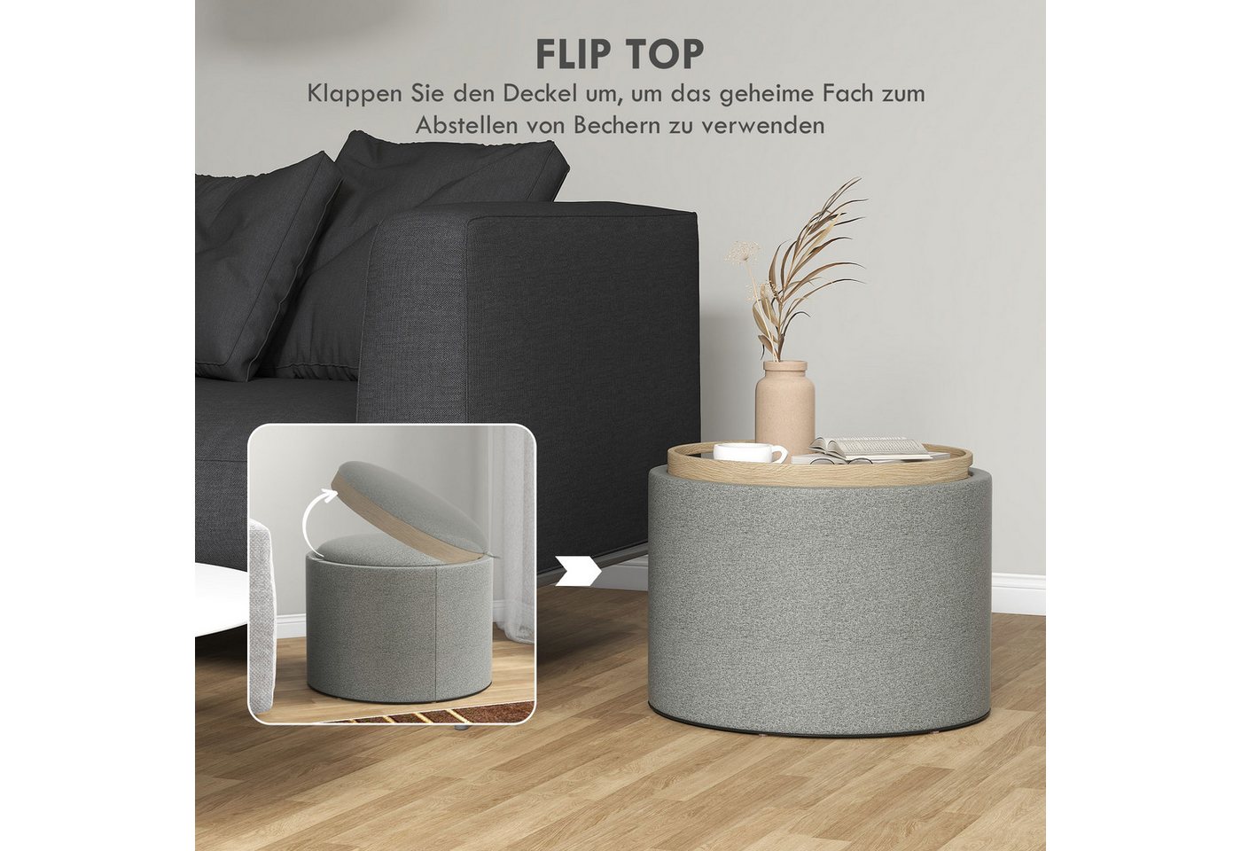 HOMCOM Sitzhocker Runder Hocker Couchtisch mit Klappdeckel (56 x 42 x 42 cm Runder Fußhocker mit Leinenoptik, 1 St., Polsterhocker mit Stauraum), für Wohnzimmer – Bild 4 von 5