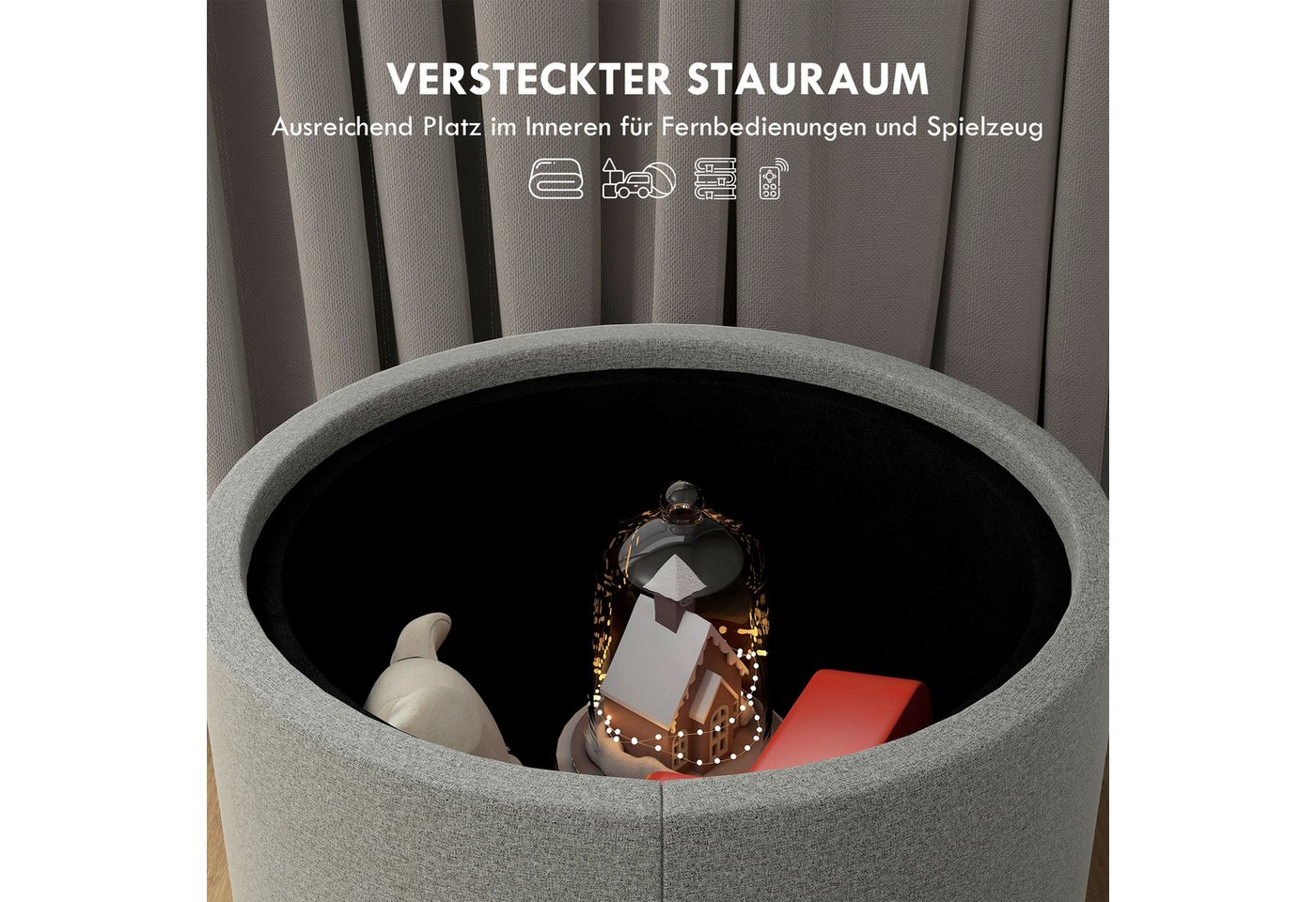 HOMCOM Sitzhocker Runder Hocker Couchtisch mit Klappdeckel (56 x 42 x 42 cm Runder Fußhocker mit Leinenoptik, 1 St., Polsterhocker mit Stauraum), für Wohnzimmer – Bild 5 von 5