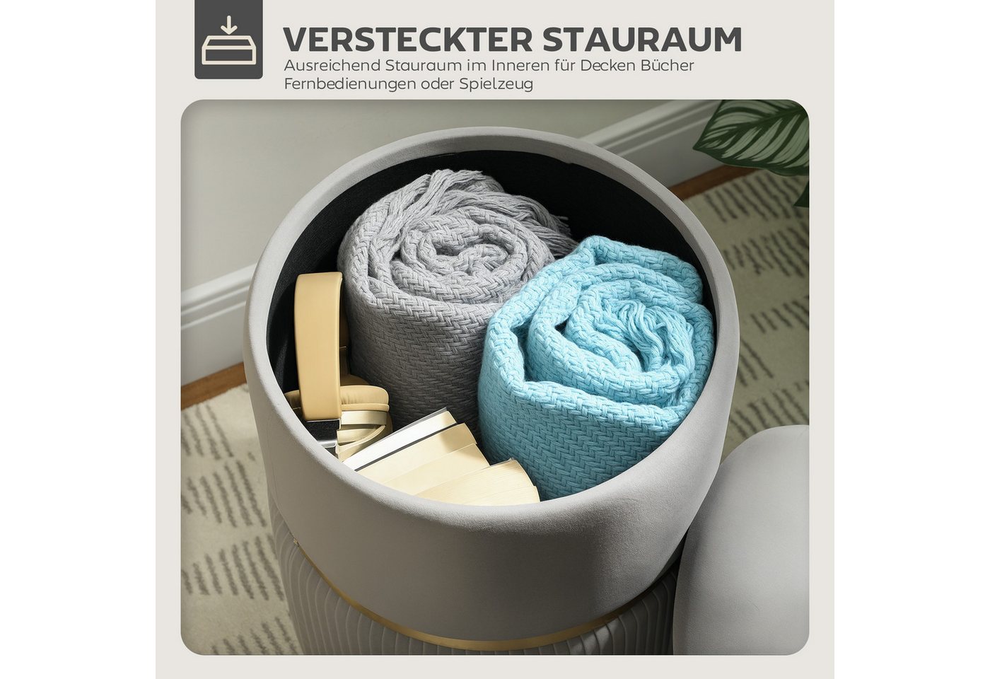 HOMCOM Sitzhocker Stauraum mit Abnehmbarem Deckel, 36 x 36 x 44 cm, Samtoptik (Runder Hocker, 1 St., Polsterhocker), für Wohnzimmer, Schlafzimmer, Hellgrau – Bild 4 von 5
