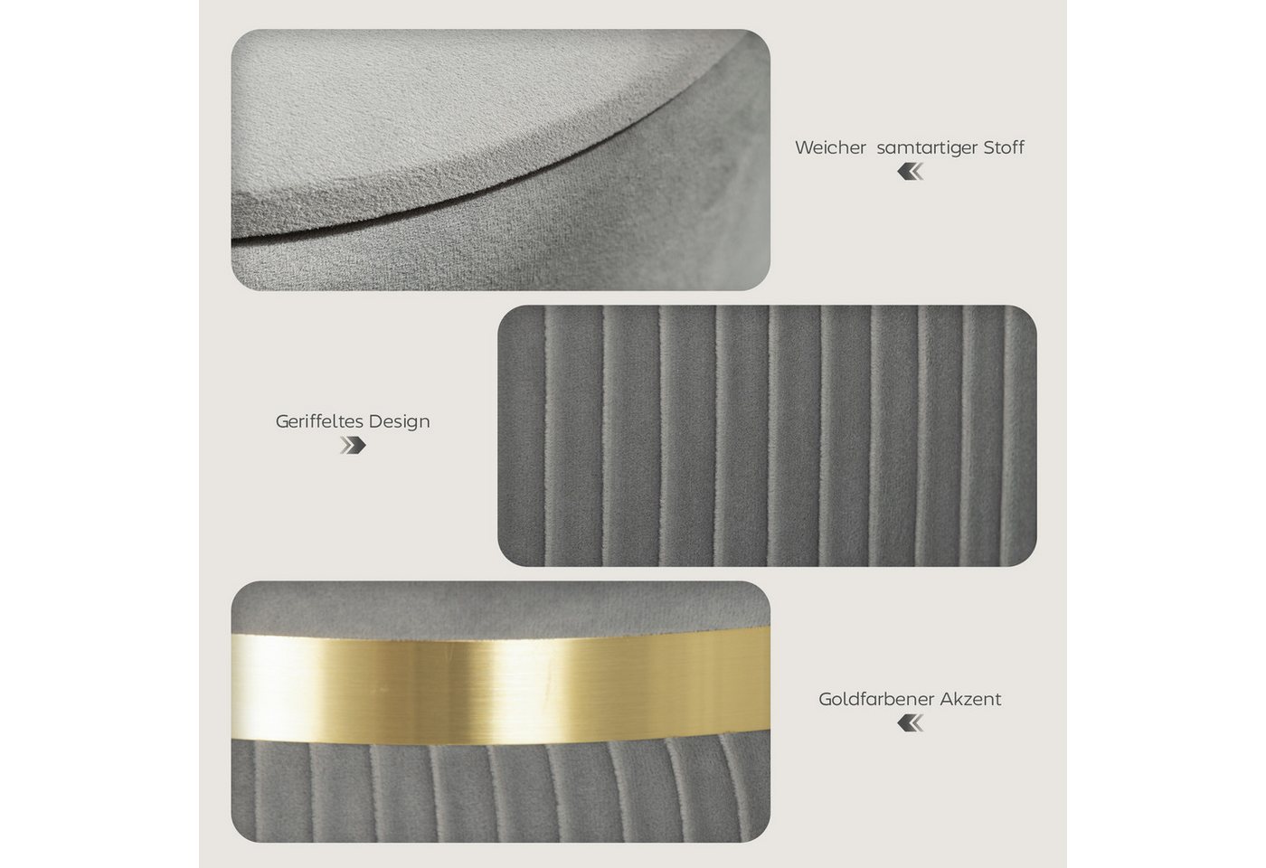 HOMCOM Sitzhocker Stauraum mit Abnehmbarem Deckel, 36 x 36 x 44 cm, Samtoptik (Runder Hocker, 1 St., Polsterhocker), für Wohnzimmer, Schlafzimmer, Hellgrau – Bild 5 von 5