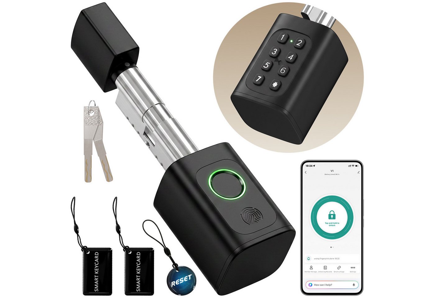 HOMCOM Smart-Home-Vorhängeschloss Elektronisches Türschloss Fingerabdruck Code APP RFID-Karte Schlüssel, Sicherheitsklasse nicht anwendbar, (Smart Lock, 1-tlg., – Bild 2 von 5
