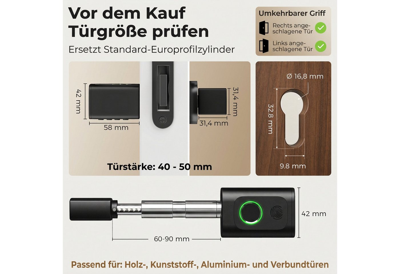 HOMCOM Smart-Home-Vorhängeschloss Elektronisches Türschloss Fingerabdruck Code APP RFID-Karte Schlüssel, Sicherheitsklasse nicht anwendbar, (Smart Lock, 1-tlg., – Bild 3 von 5