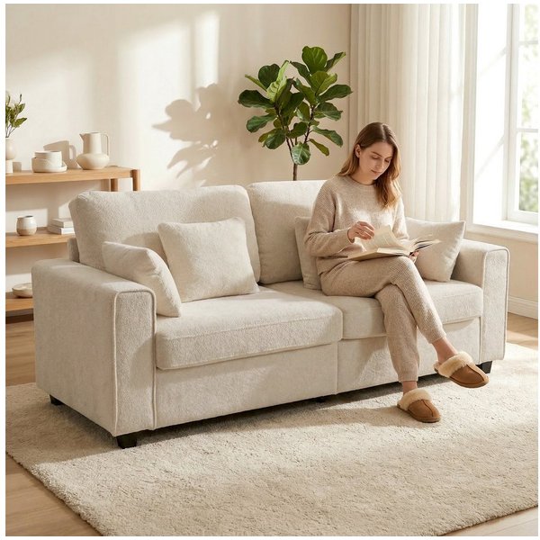 HOMCOM Sofa 3-Sitzer, 211,5 cm Couch, 4 Kissen, Polstersofa mit Strukturstoff, Bequemes Polstersofa 1 Teile, Breite Sitzfläche 175cm, robuste Metallbeine