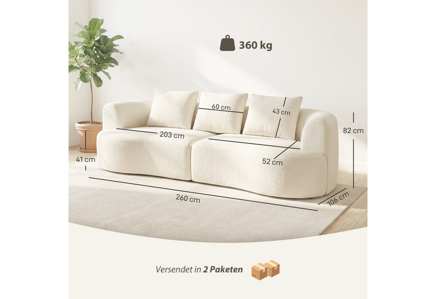 HOMCOM Sofa 3-Sitzer Loungesofa, 260cm Couch im Wolken-Design mit 3 Lendenkissen, Gepolstert Loungesofa 1 Teile, Kompressionssofa, moderne Optik, inklusive Kiss – Bild 3 von 5