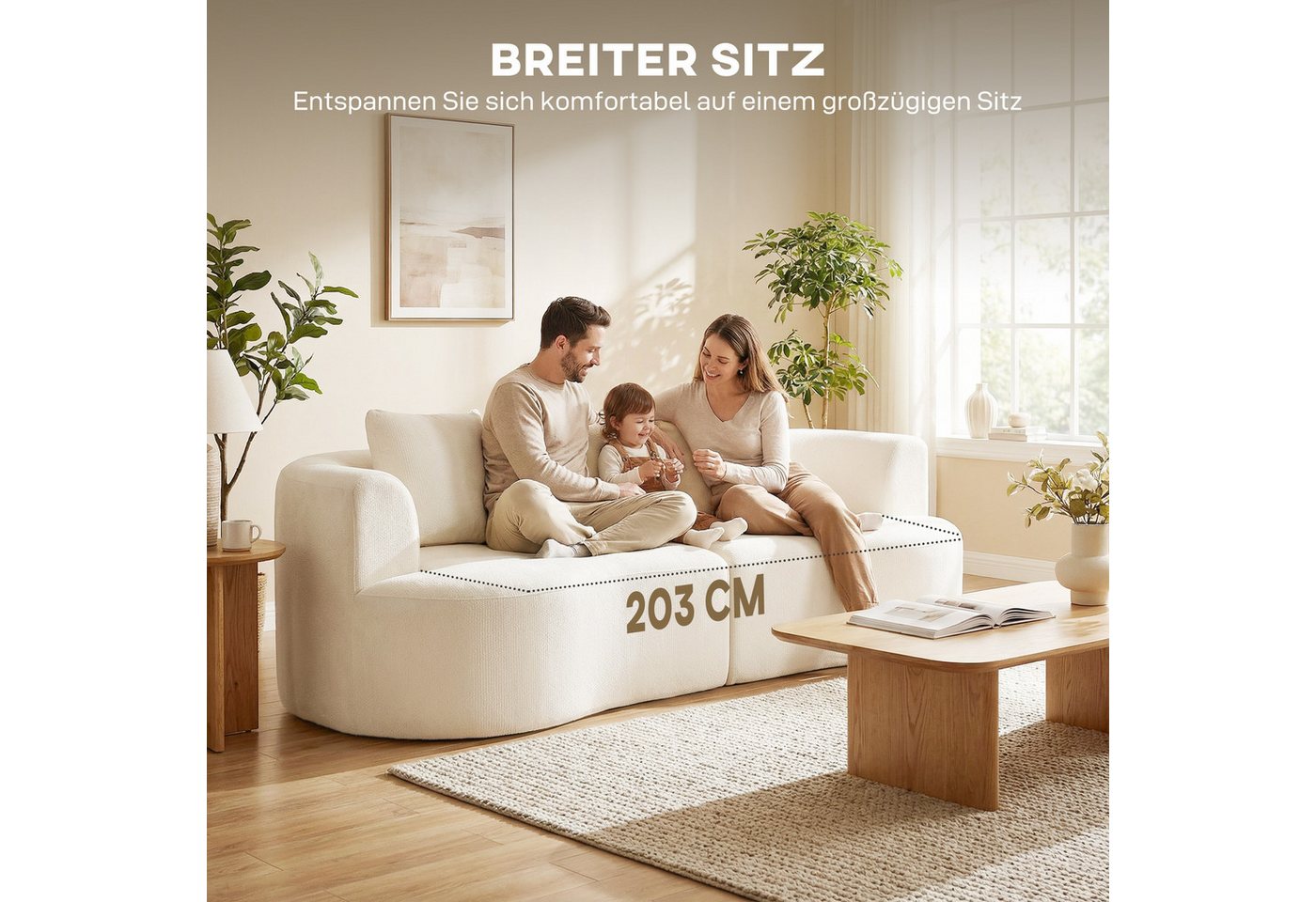 HOMCOM Sofa 3-Sitzer Loungesofa, 260cm Couch im Wolken-Design mit 3 Lendenkissen, Gepolstert Loungesofa 1 Teile, Kompressionssofa, moderne Optik, inklusive Kiss – Bild 5 von 5