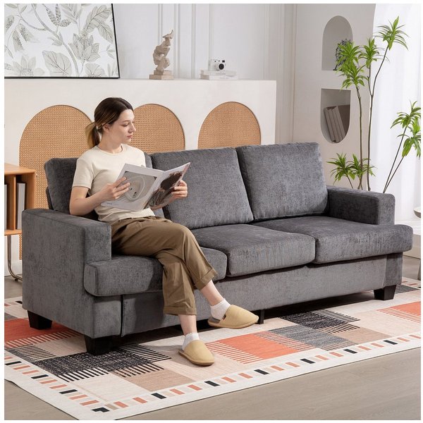 HOMCOM Sofa Couch mit Armlehnen, Becherhalter, Polstersofa 1 Teile, für Wohnzimmer, Schlafzimmer 213 x 82 x 90 cm, Grau