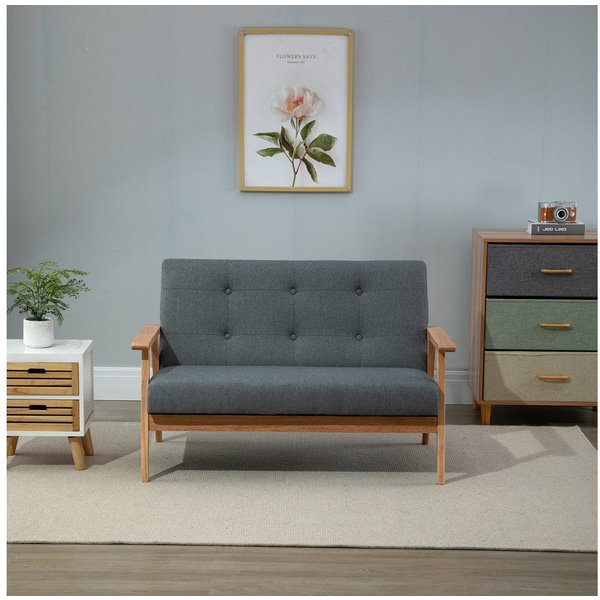 HOMCOM Sofa Sofa mit Armlehnen, Rückenlehne für Wohnzimmer, Schlafzimmer, Polsterung Loveseat kompaktes Design 1 Teile, Leinen Gummiholz Dunkelgrau 115 x 66,5 x