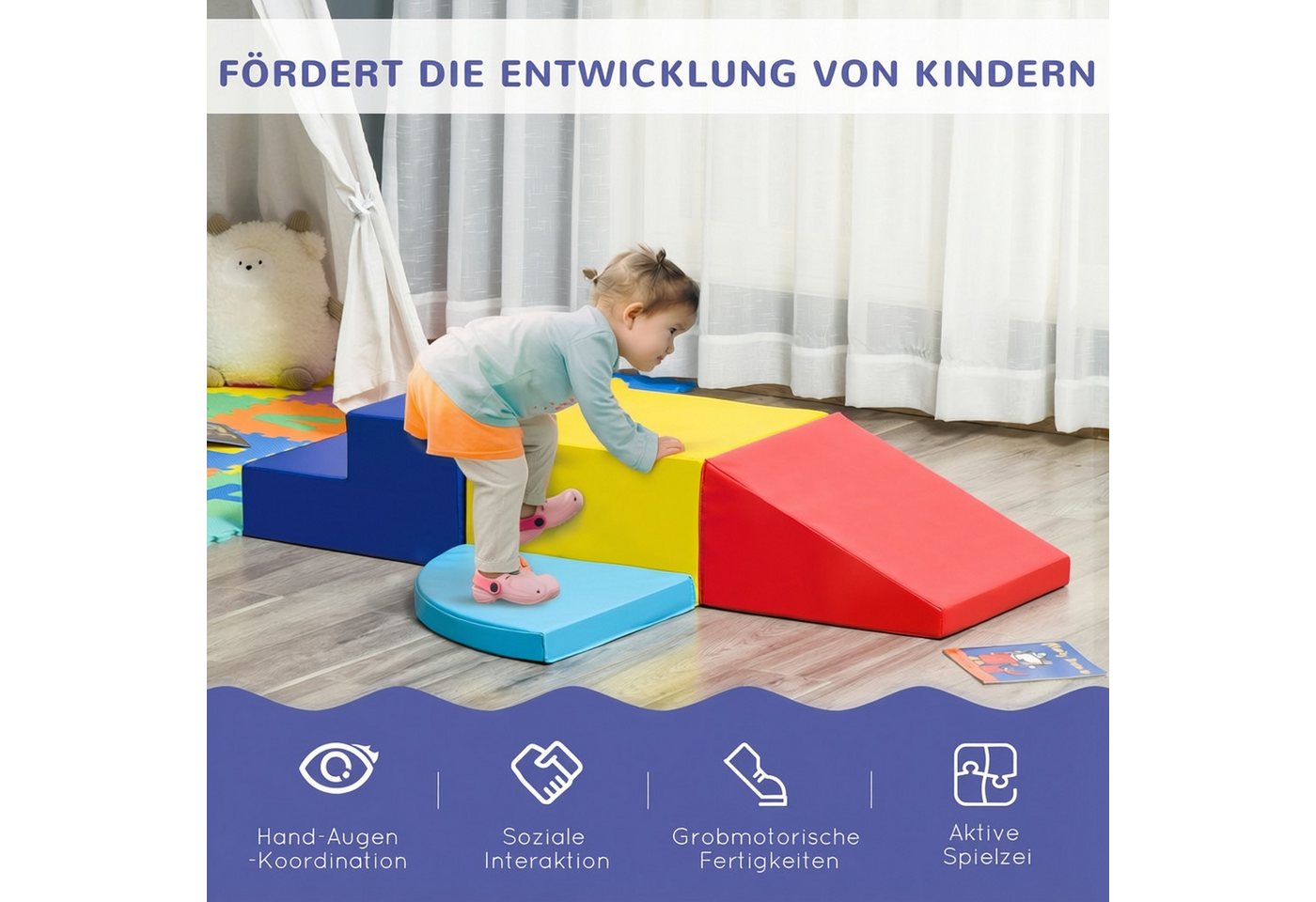 HOMCOM Softbausteine klettern Bauklötze Weiche Riesenbausteine Spielbausteine, (Bauspielzeug, 4 St., Riesenbausteine), Geeignet für 12 bis 36 Monate Kinder Kuns – Bild 5 von 5