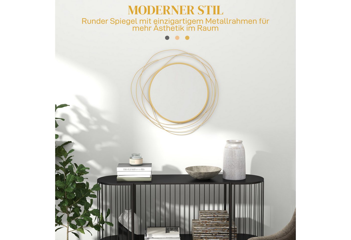 HOMCOM Spiegel Rund Wandspiegel, Metallrahmen, Flurspiegel, für Schlafzimmer (Wanddekoration, 1-St., Spiegel), für Wohnzimmer, Esszimmer, Büro, Gold – Bild 4 von 5