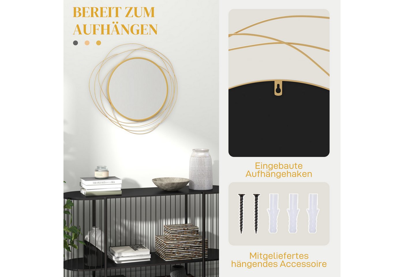 HOMCOM Spiegel Rund Wandspiegel, Metallrahmen, Flurspiegel, für Schlafzimmer (Wanddekoration, 1-St., Spiegel), für Wohnzimmer, Esszimmer, Büro, Gold – Bild 5 von 5