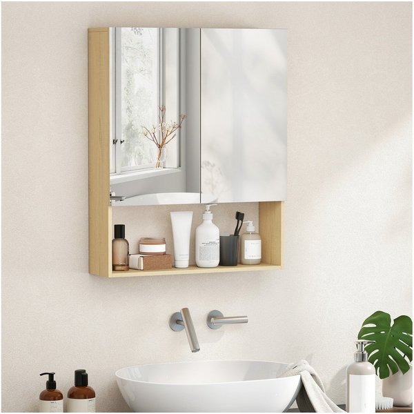 HOMCOM Spiegelschrank Bad Hängeschrank mit Spiegel Soft-Close, 2 Türen (Badschrank, 1-St., Badezimmerschrank) 60 x 16,6 x 75cm, Eiche