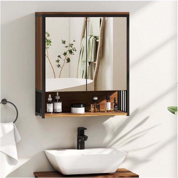 HOMCOM Spiegelschrank Bad mit Spiegel, Soft-Close-Tür (Badschrank, 1-St., Badezimmerschrank) mit offenen und geschlossenen Fächern, 56 x 20 x 65 cm, Braun
