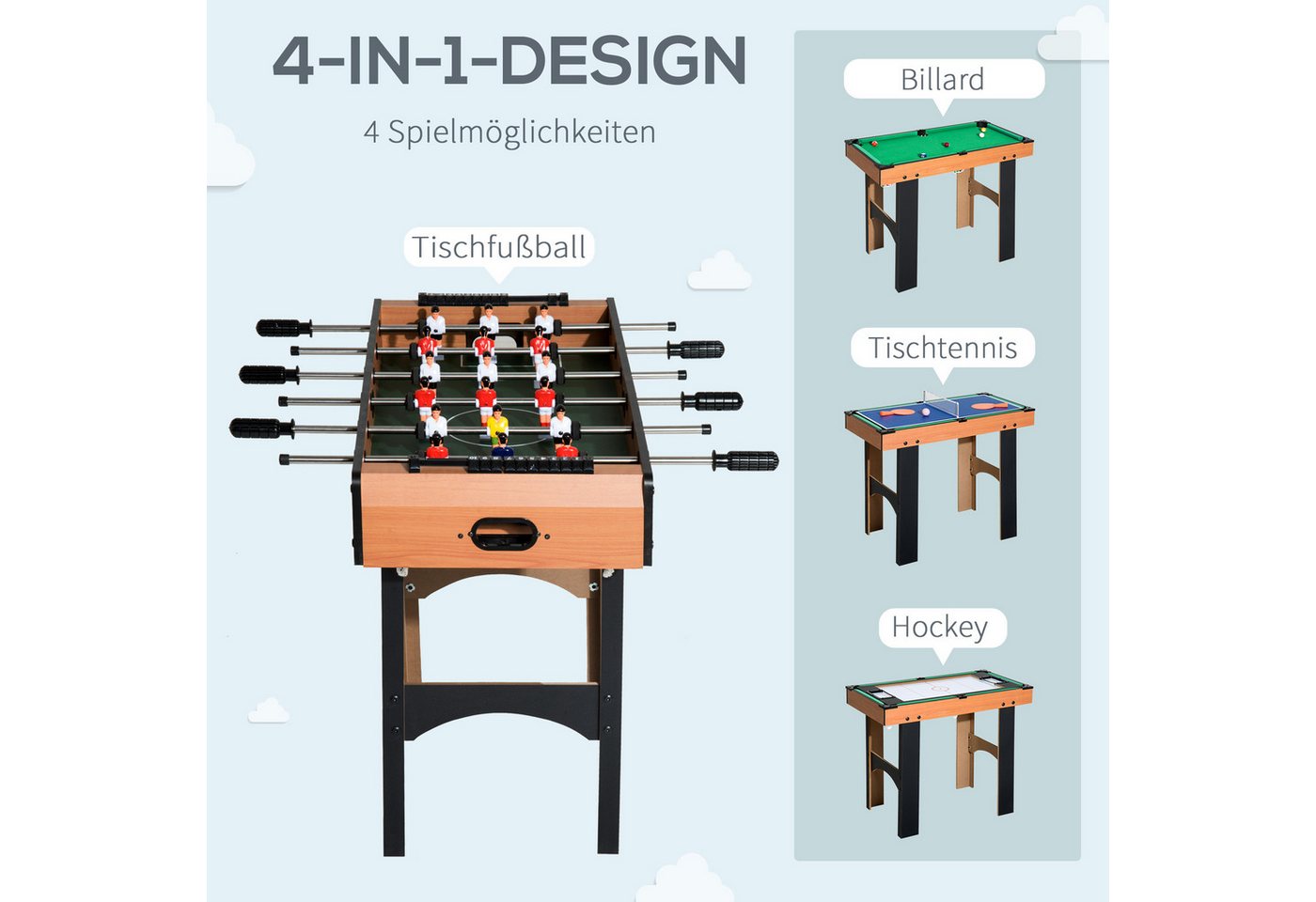 HOMCOM Spieltisch 4-in-1 Multispieltisch Multigame Multifunktionsspieltisch aus MDF, (Multifunktionstisch, 1-tlg), mit Tischfußball Tischhockey Tischtennis Bill – Bild 4 von 5