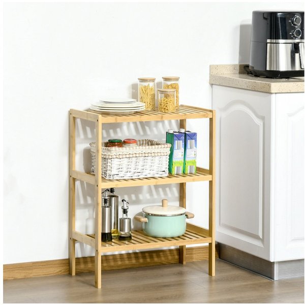 HOMCOM Standregal Badregal mit 3 Ebenen, Bambusregal, Küchenregal, Flur, Mehrzweckschrank 1-tlg., für Wohnzimmer, Natur
