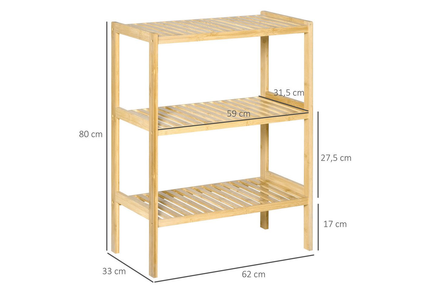 HOMCOM Standregal Badregal mit 3 Ebenen, Bambusregal, Küchenregal, Flur, Mehrzweckschrank 1-tlg., für Wohnzimmer, Natur – Bild 3 von 5