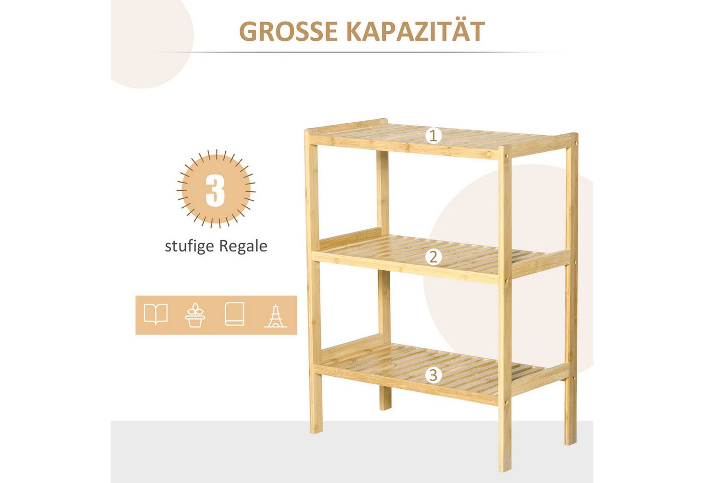 HOMCOM Standregal Badregal mit 3 Ebenen, Bambusregal, Küchenregal, Flur, Mehrzweckschrank 1-tlg., für Wohnzimmer, Natur – Bild 4 von 5