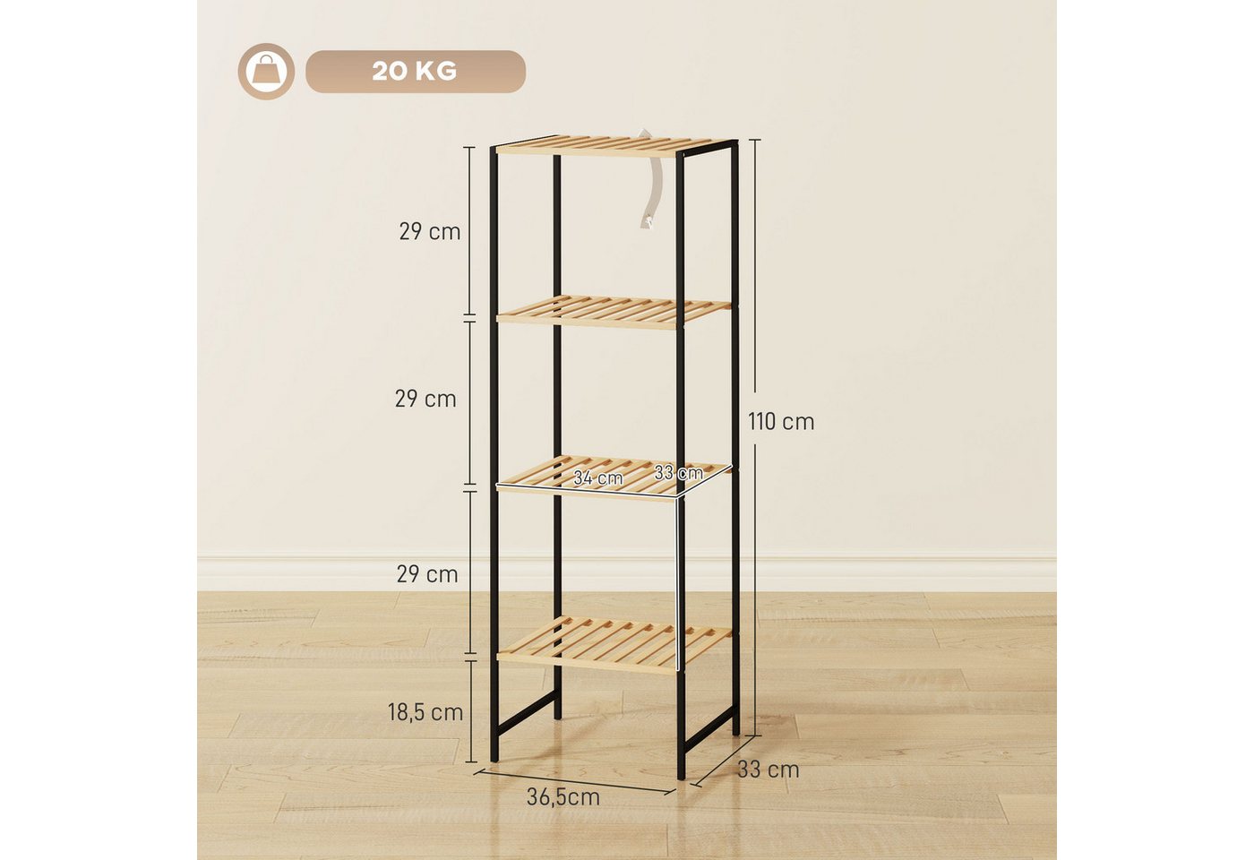 HOMCOM Standregal Badregal mit 4 Ablagen, 36,5x33x110cm, Natur, Aufbewahrungsregal 1-tlg., für Wohnzimmer, Schlafzimmer, Naturholz – Bild 3 von 5