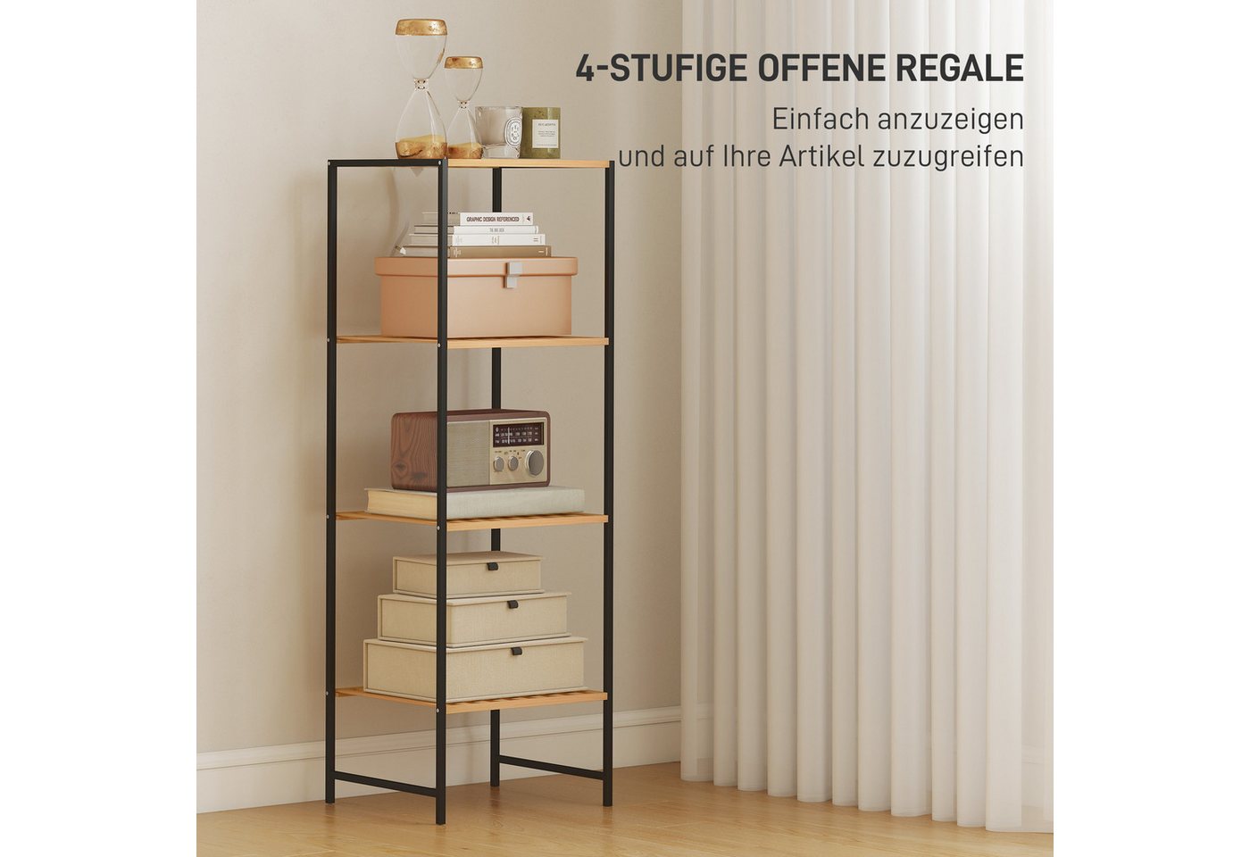 HOMCOM Standregal Badregal mit 4 Ablagen, 36,5x33x110cm, Natur, Aufbewahrungsregal 1-tlg., für Wohnzimmer, Schlafzimmer, Naturholz – Bild 4 von 5
