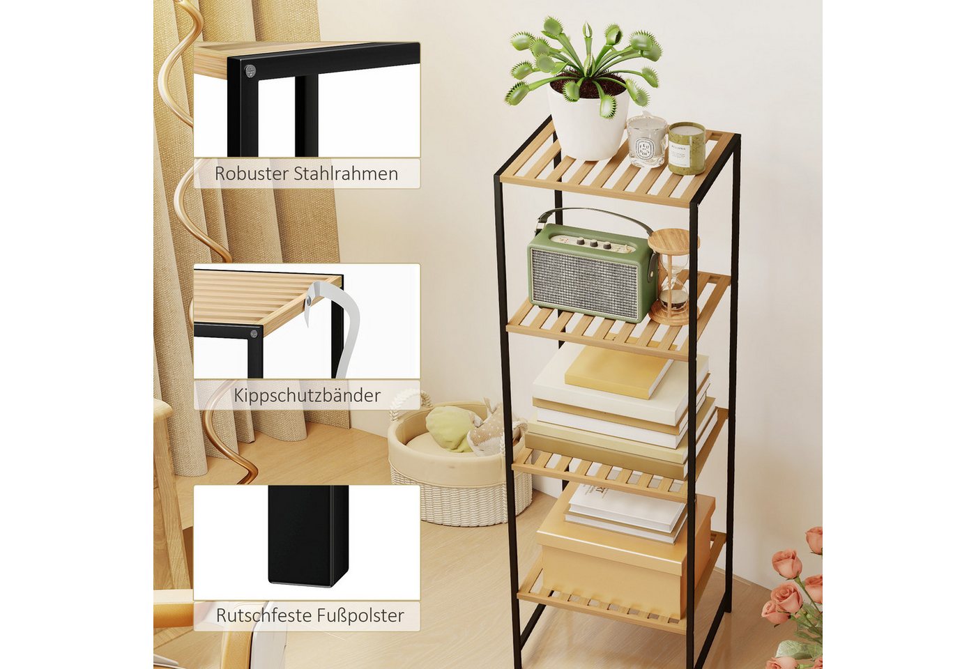 HOMCOM Standregal Badregal mit 4 Ablagen, 36,5x33x110cm, Natur, Aufbewahrungsregal 1-tlg., für Wohnzimmer, Schlafzimmer, Naturholz – Bild 5 von 5