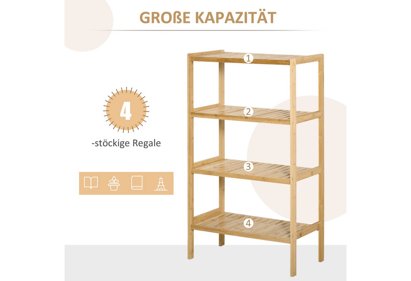 HOMCOM Standregal Badregal mit 4 Ebenen, Bambusregal, Küchenregal, für Bad Küche Wohnzimmer Schlafzimmer 1-tlg., Bambus Natur 62 x 33 x 112 cm – Bild 4 von 5