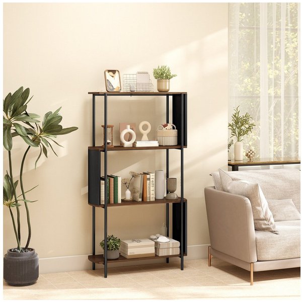 HOMCOM Standregal Schmales Regal, 4 Ebenen, geschwungenes Design, Büroregal, Bücherregal 1-tlg., für Wohnzimmer, Arbeitszimmer, Büro, braune Holzoptik