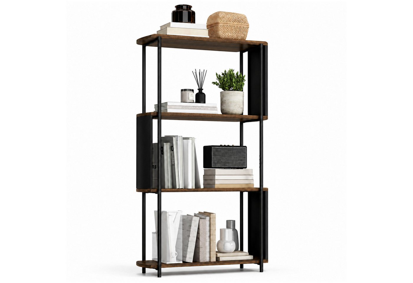 HOMCOM Standregal Schmales Regal, 4 Ebenen, geschwungenes Design, Büroregal, Bücherregal 1-tlg., für Wohnzimmer, Arbeitszimmer, Büro, braune Holzoptik – Bild 2 von 5