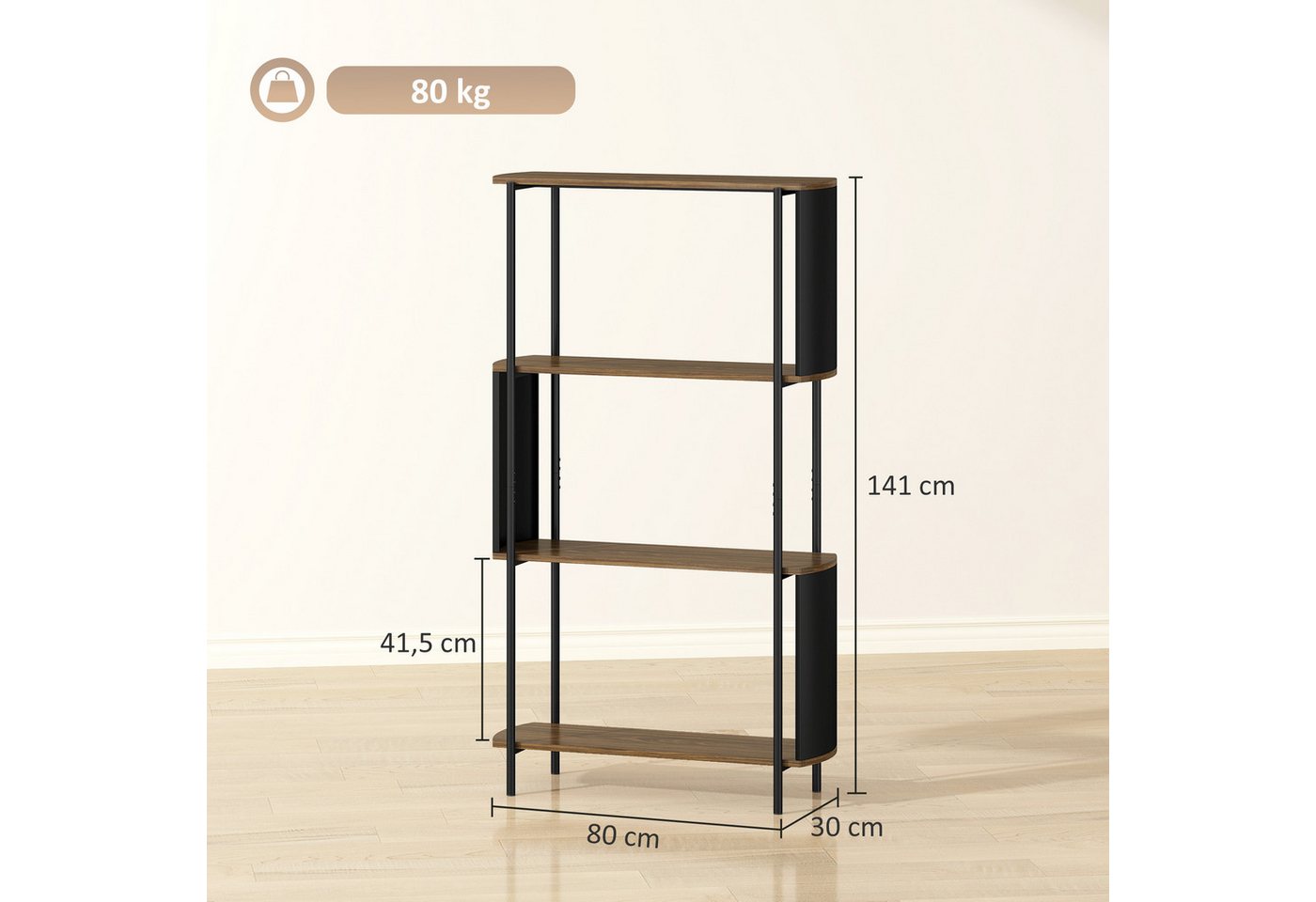 HOMCOM Standregal Schmales Regal, 4 Ebenen, geschwungenes Design, Büroregal, Bücherregal 1-tlg., für Wohnzimmer, Arbeitszimmer, Büro, braune Holzoptik – Bild 3 von 5