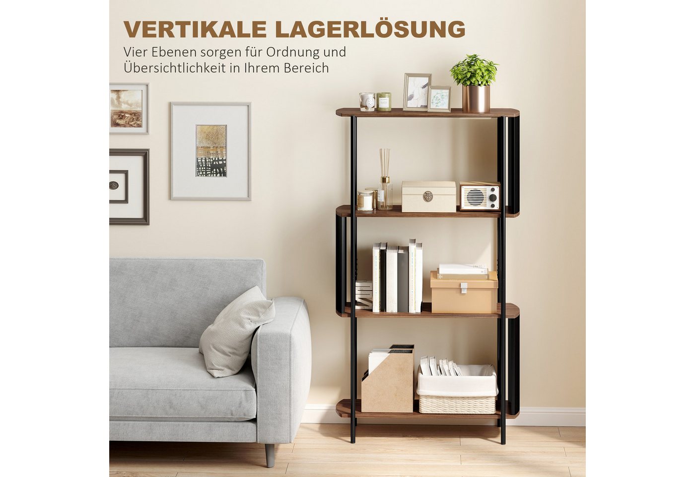 HOMCOM Standregal Schmales Regal, 4 Ebenen, geschwungenes Design, Büroregal, Bücherregal 1-tlg., für Wohnzimmer, Arbeitszimmer, Büro, braune Holzoptik – Bild 4 von 5