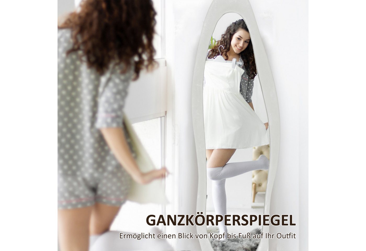HOMCOM Standspiegel Flur Spiegel mit Samtbezug, Ankleidespiegel, Garderobe (Wandspiegel, 1-St., Ganzkörperspiegel), für Schlafzimmer, Wohnzimmer, Weiß – Bild 4 von 5
