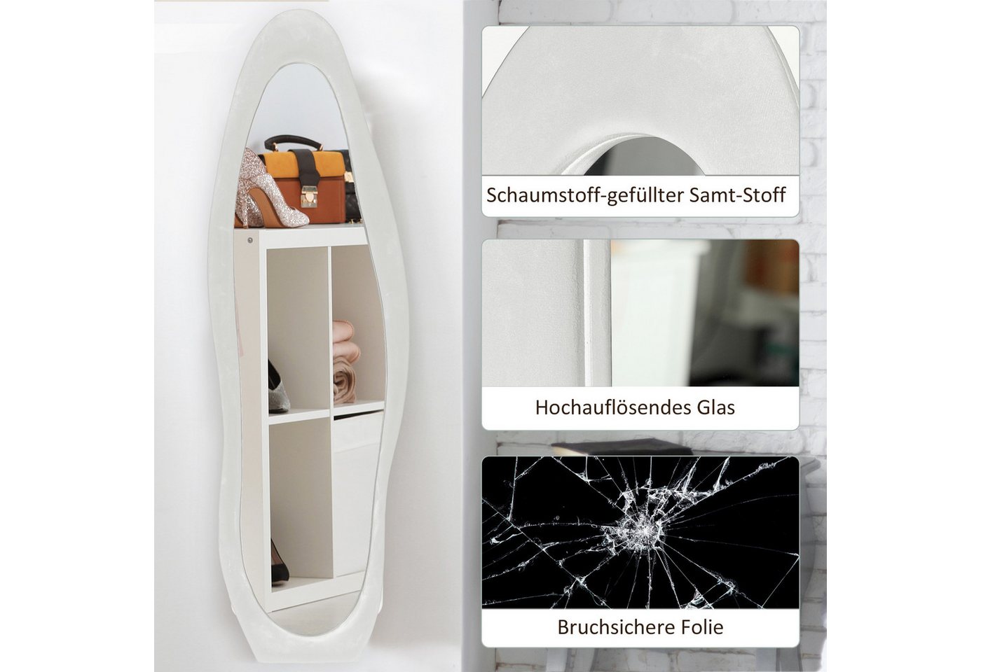 HOMCOM Standspiegel Flur Spiegel mit Samtbezug, Ankleidespiegel, Garderobe (Wandspiegel, 1-St., Ganzkörperspiegel), für Schlafzimmer, Wohnzimmer, Weiß – Bild 5 von 5