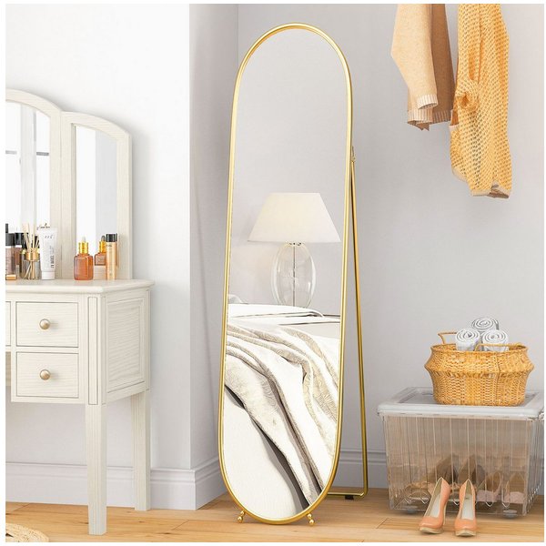 HOMCOM Standspiegel Ganzkörperspiegel mit Ständer, Metallrahmen, Oval (Garderobenspiegel, 1-St., Wandspiegel), für Wohnzimmer, Schlafzimmer, Gold