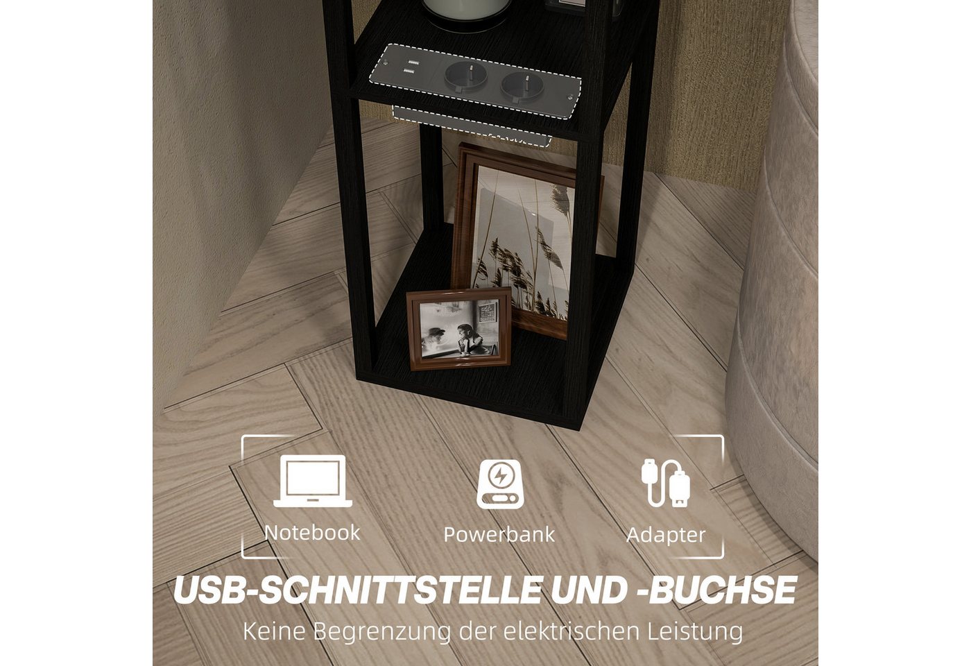 HOMCOM Stehlampe 3-Fach Stehleuchte, E27 Sockel, Stoff-Standlampe, USB-A, USB-C, ohne Leuchtmittel, für Wohnzimmer, Schlafzimmer, Schwarz+Weiß – Bild 4 von 5