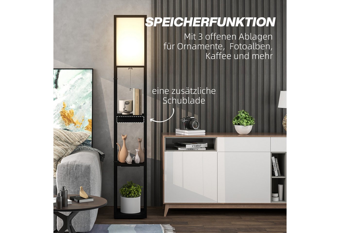 HOMCOM Stehlampe 3-Fach Stehleuchte, E27 Sockel, Stoff-Standlampe, USB-A, USB-C, ohne Leuchtmittel, für Wohnzimmer, Schlafzimmer, Schwarz+Weiß – Bild 5 von 5