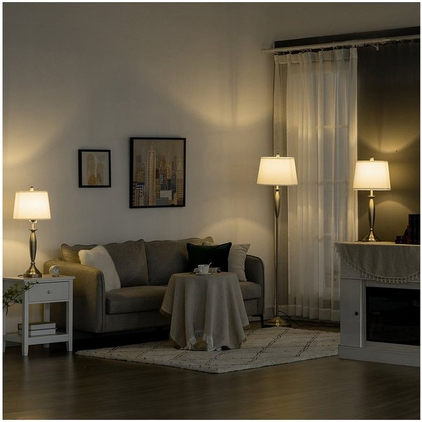 HOMCOM Stehlampe 3-teiliges inkl. 1 Stehleuchte, 2 Tischleuchten, E27 Fassung, für Wohnzimmer, Schlafzimmer, Silber+Weiß