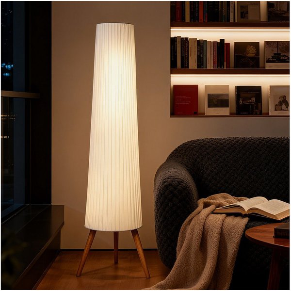 HOMCOM Stehlampe LED Dimmbar, Holz mit Dreibein, Stehleuchte mit Fußschalter, Dimmfunktion, LED fest integriert, Warmweiß, für Wohnzimmer Schlafzimmer, Weiß