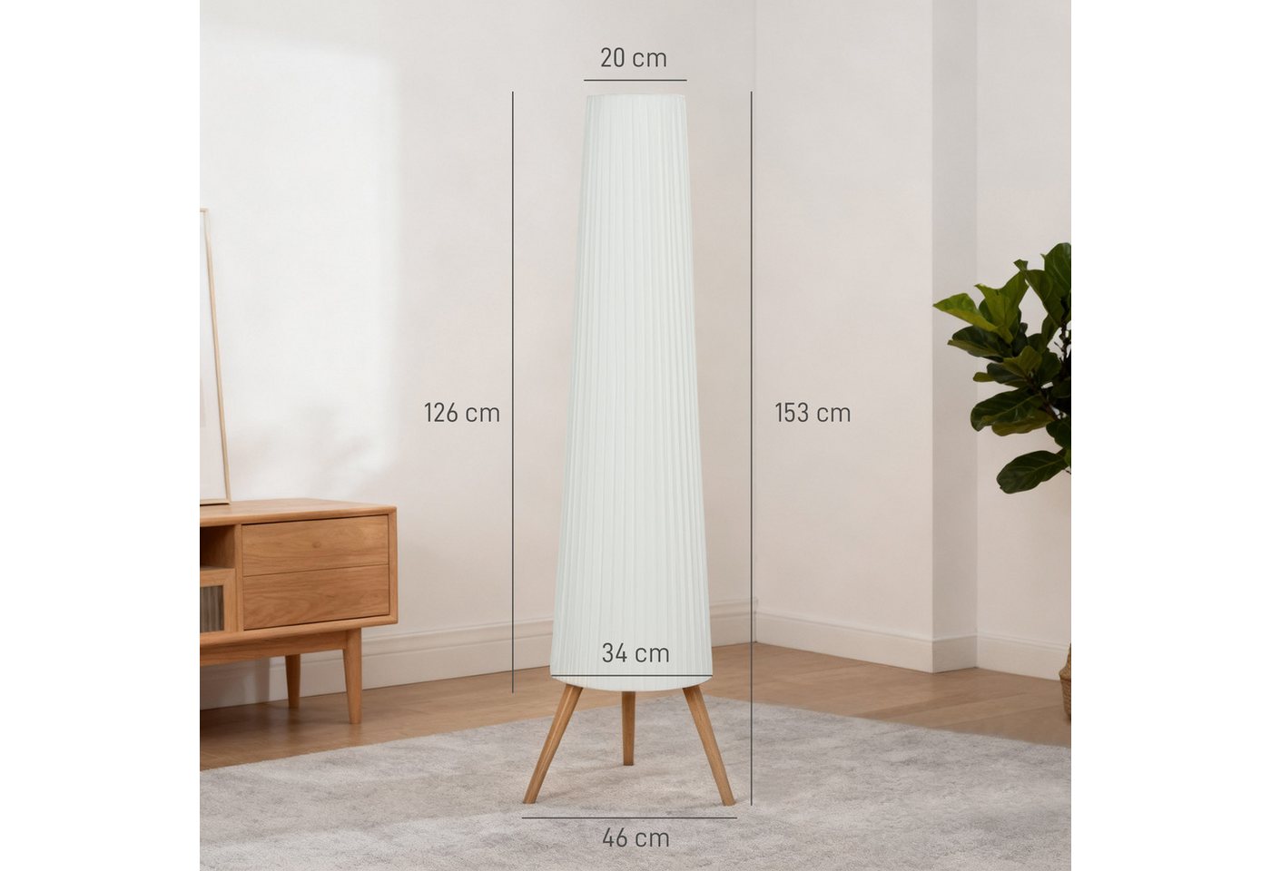 HOMCOM Stehlampe LED Dimmbar, Holz mit Dreibein, Stehleuchte mit Fußschalter, Dimmfunktion, LED fest integriert, Warmweiß, für Wohnzimmer Schlafzimmer, Weiß – Bild 3 von 5