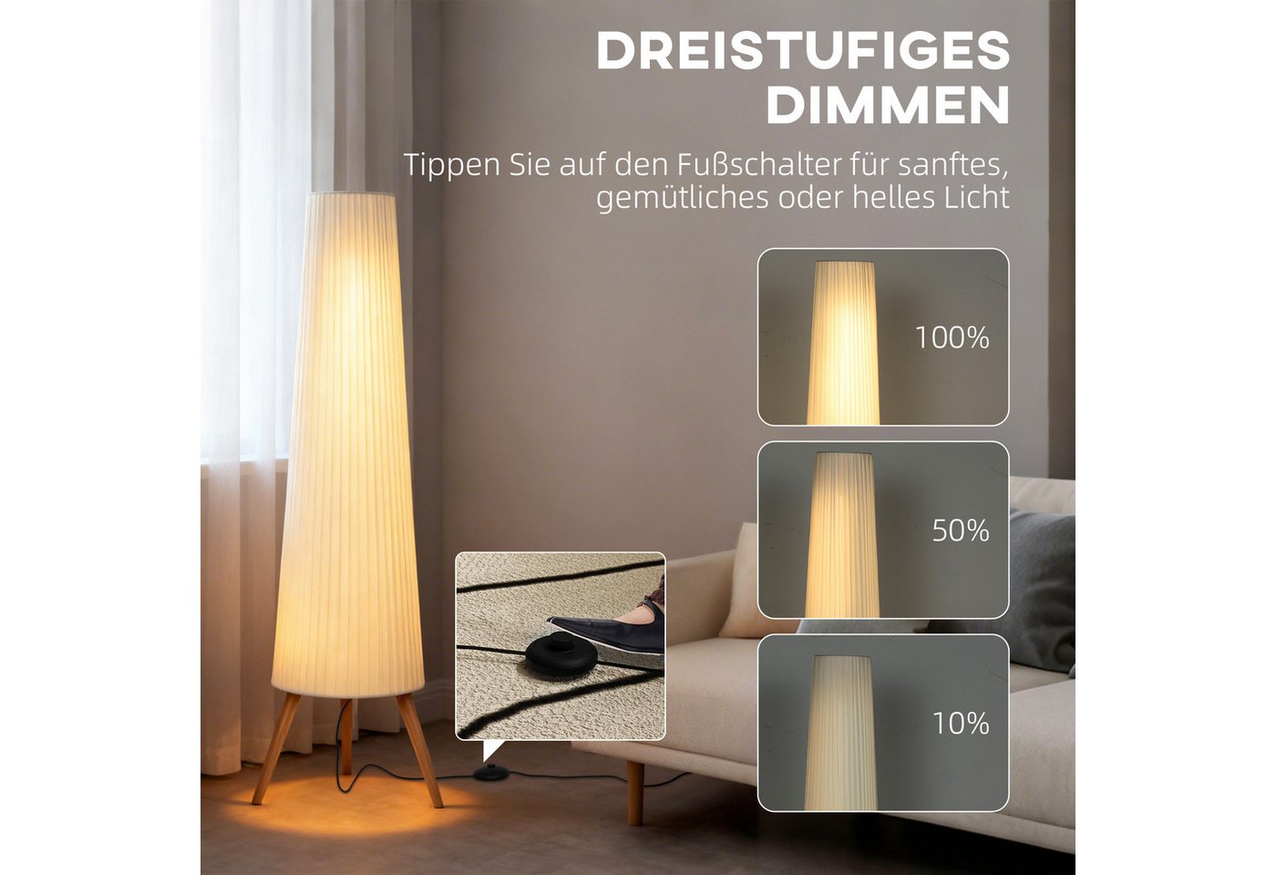 HOMCOM Stehlampe LED Dimmbar, Holz mit Dreibein, Stehleuchte mit Fußschalter, Dimmfunktion, LED fest integriert, Warmweiß, für Wohnzimmer Schlafzimmer, Weiß – Bild 4 von 5