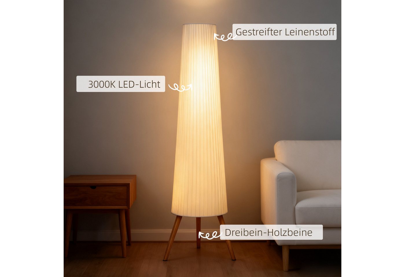 HOMCOM Stehlampe LED Dimmbar, Holz mit Dreibein, Stehleuchte mit Fußschalter, Dimmfunktion, LED fest integriert, Warmweiß, für Wohnzimmer Schlafzimmer, Weiß – Bild 5 von 5