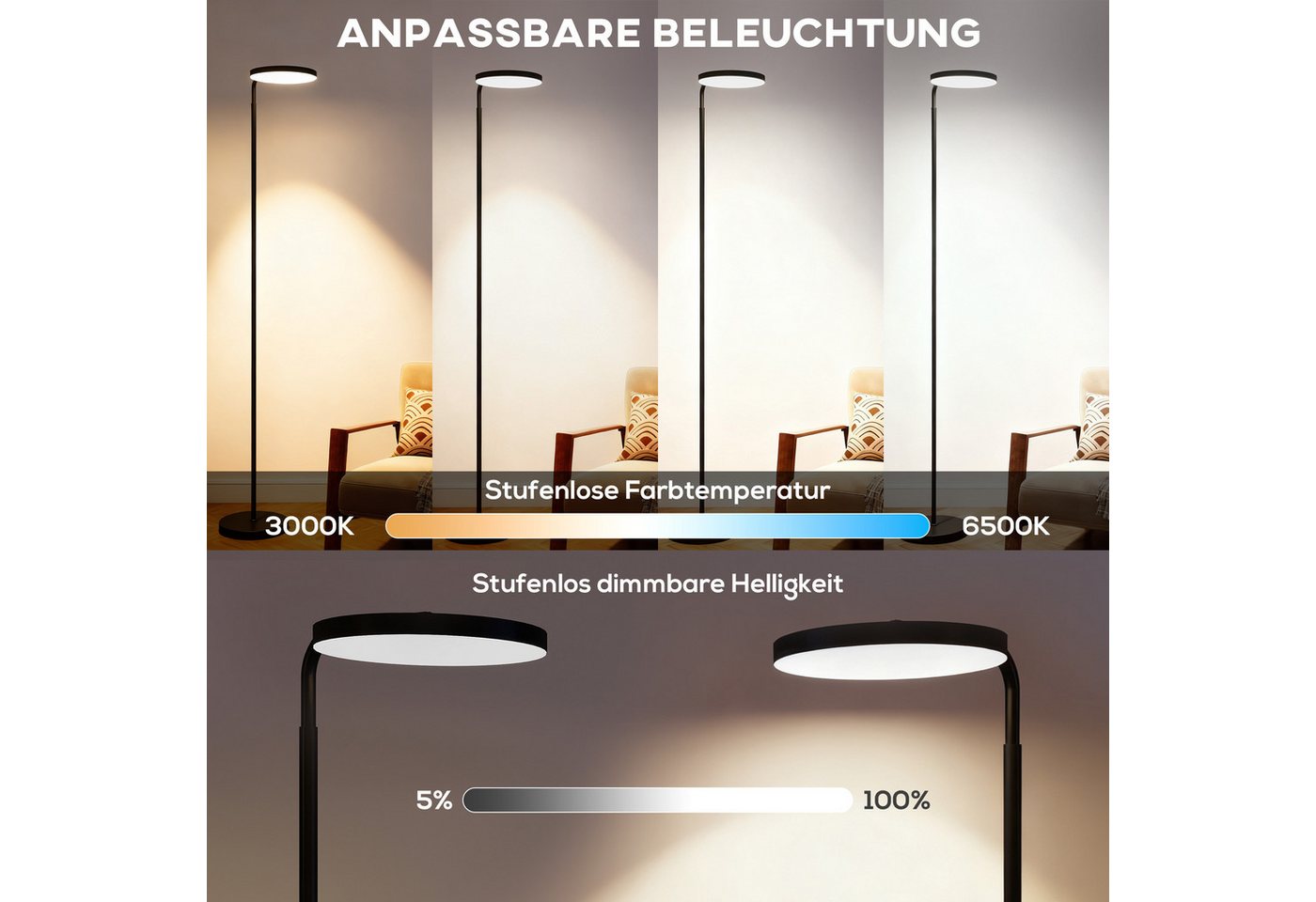 HOMCOM Stehlampe LED Dimmbar Stehleuchte 2800 lm, Dimmfunktion, LED fest integriert, für Wohnzimmer, Schlafzimmer, Schwarz – Bild 4 von 5