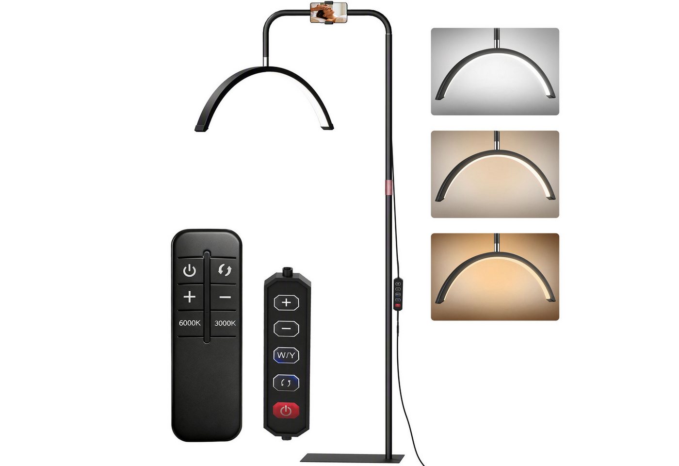 HOMCOM Stehlampe LED Halbmond Wimpern Lampe mit Telefonhalter, Dimmfunktion, LED fest integriert, Tageslichtweiß, für Wimpernverlängerung, Tattoo, Nägel, Hautp – Bild 2 von 5