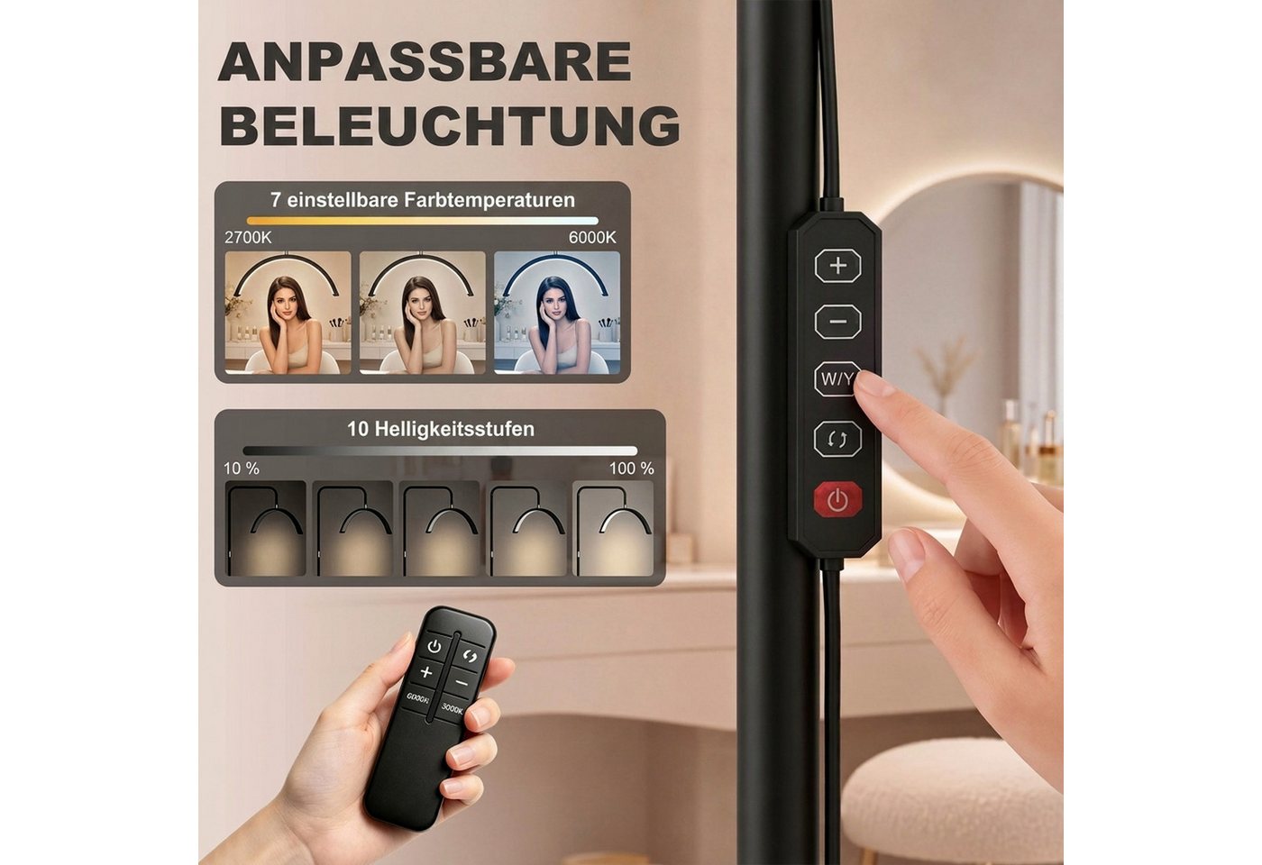 HOMCOM Stehlampe LED Halbmond Wimpern Lampe mit Telefonhalter, Dimmfunktion, LED fest integriert, Tageslichtweiß, für Wimpernverlängerung, Tattoo, Nägel, Hautp – Bild 5 von 5