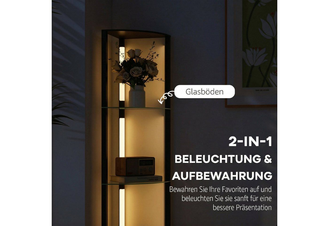 HOMCOM Stehlampe LED Standleuchte mit Glasregal, 3 Helligkeitsstufen Fußschalter, dimmbar, mehrere Helligkeitsstufen, Ein-,Ausschalter, LED fest integriert, War – Bild 4 von 5