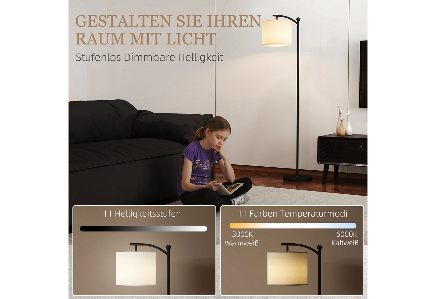 HOMCOM Stehlampe LED Stehleuchte dimmbar, Stoffschirm, Standleuchte, Fußschalter, Infrarotlampe, Lese-Stehlampe mit Timer, Schwarz+Cremeweiß – Bild 4 von 5
