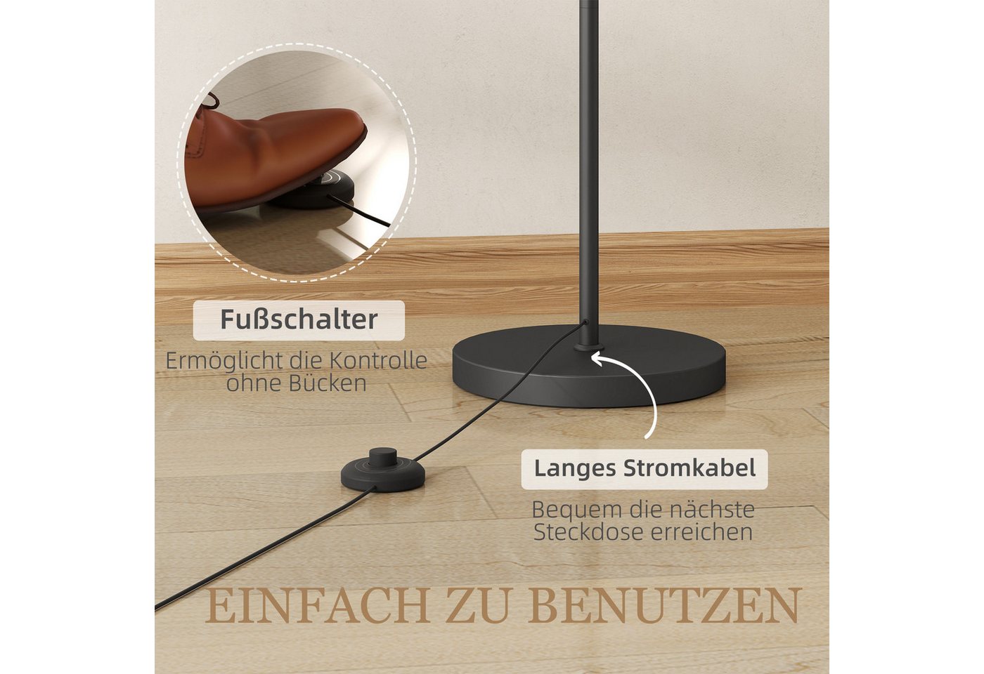 HOMCOM Stehlampe LED Stehleuchte dimmbar, Stoffschirm, Standleuchte, Fußschalter, Infrarotlampe, Lese-Stehlampe mit Timer, Schwarz+Cremeweiß – Bild 5 von 5